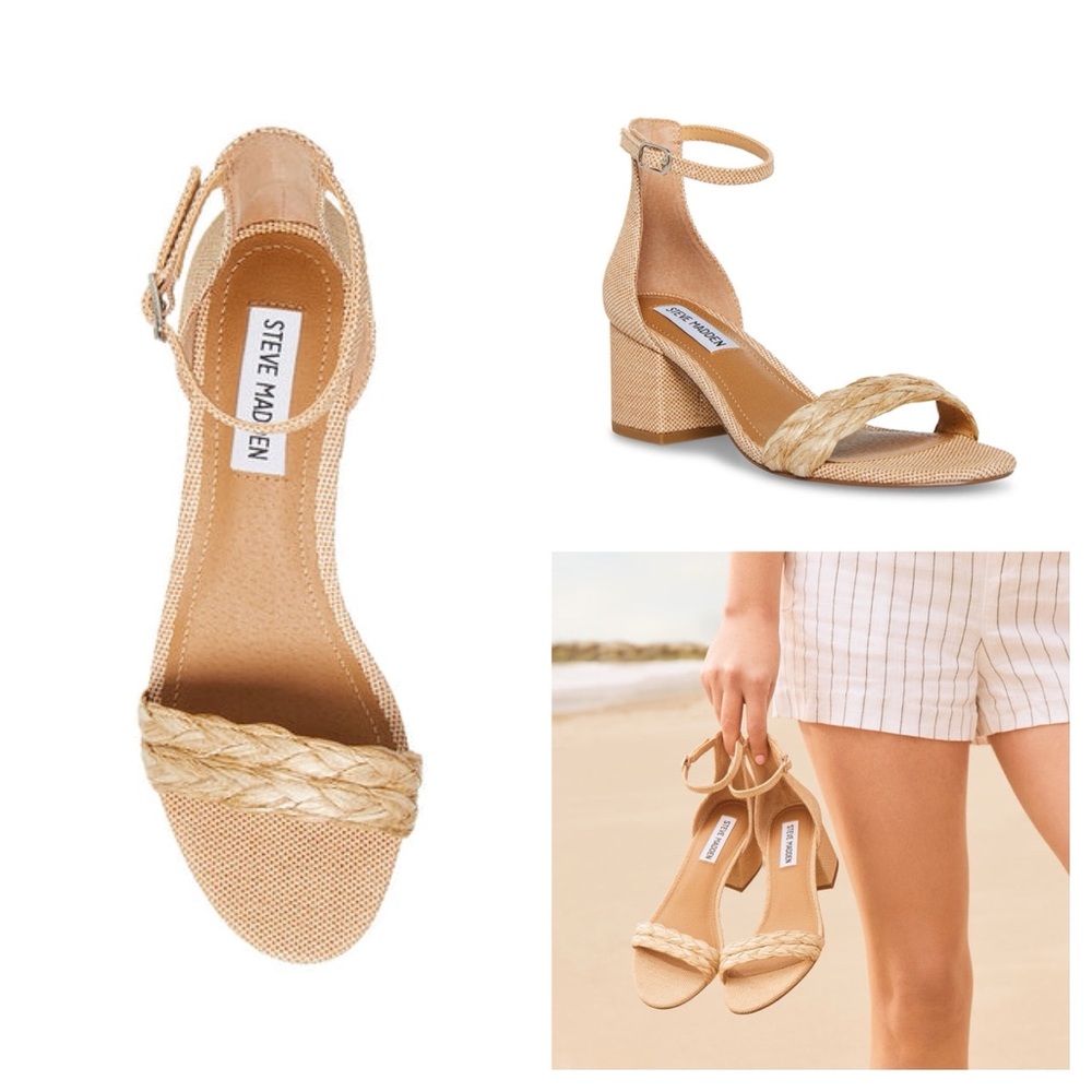 Steve Madden beige raffia Irenee natural tweed ankle strap block heel sandals